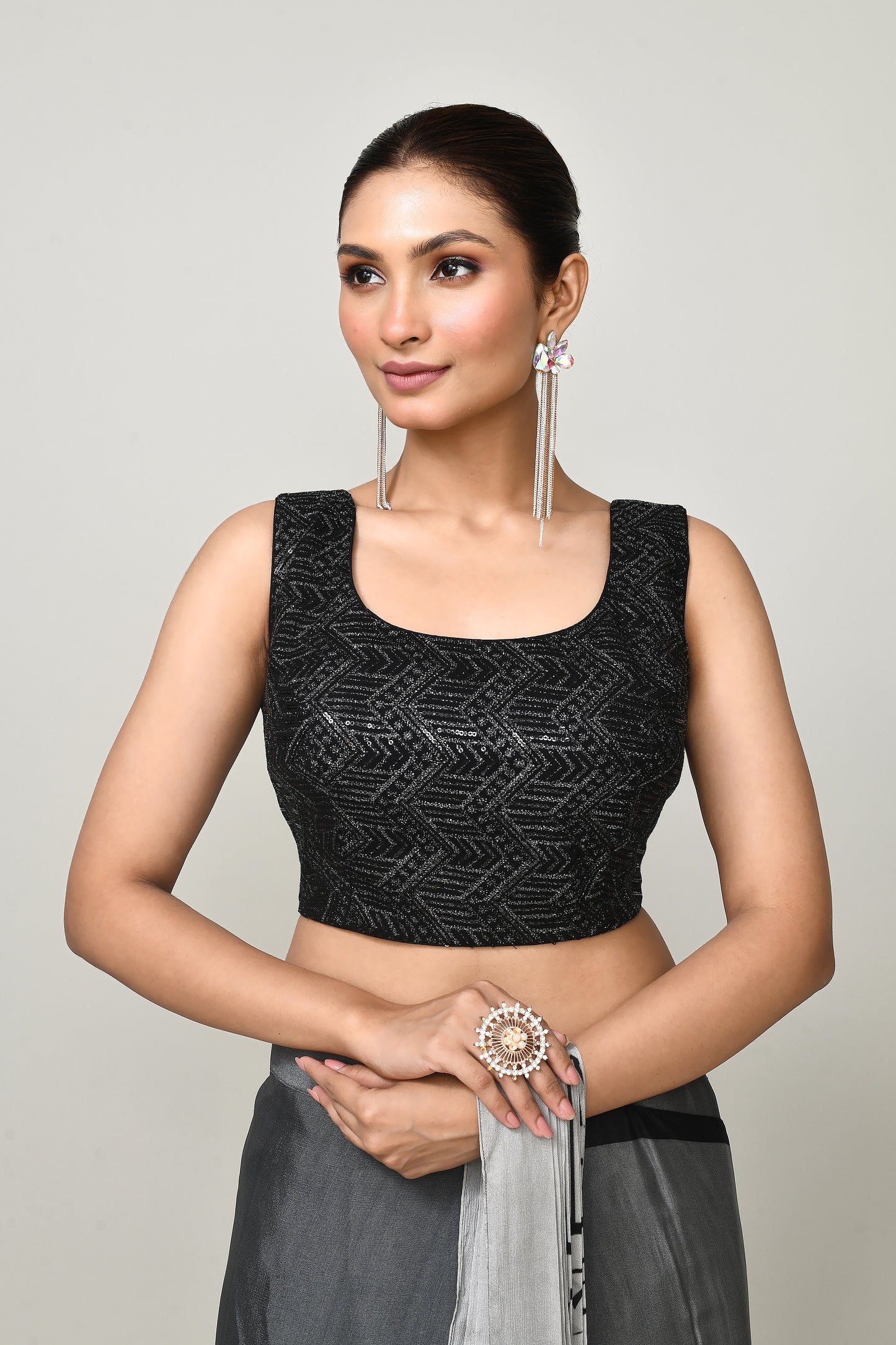 Designer Wear Printed Grey Chinon Chiffon Drape Saree