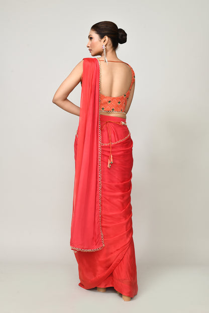 Designer Wear Red  Chinon Chiffon Drape Saree