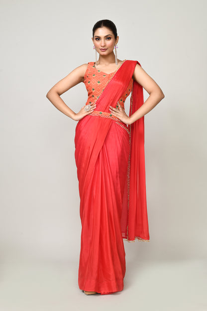 Designer Wear Red  Chinon Chiffon Drape Saree