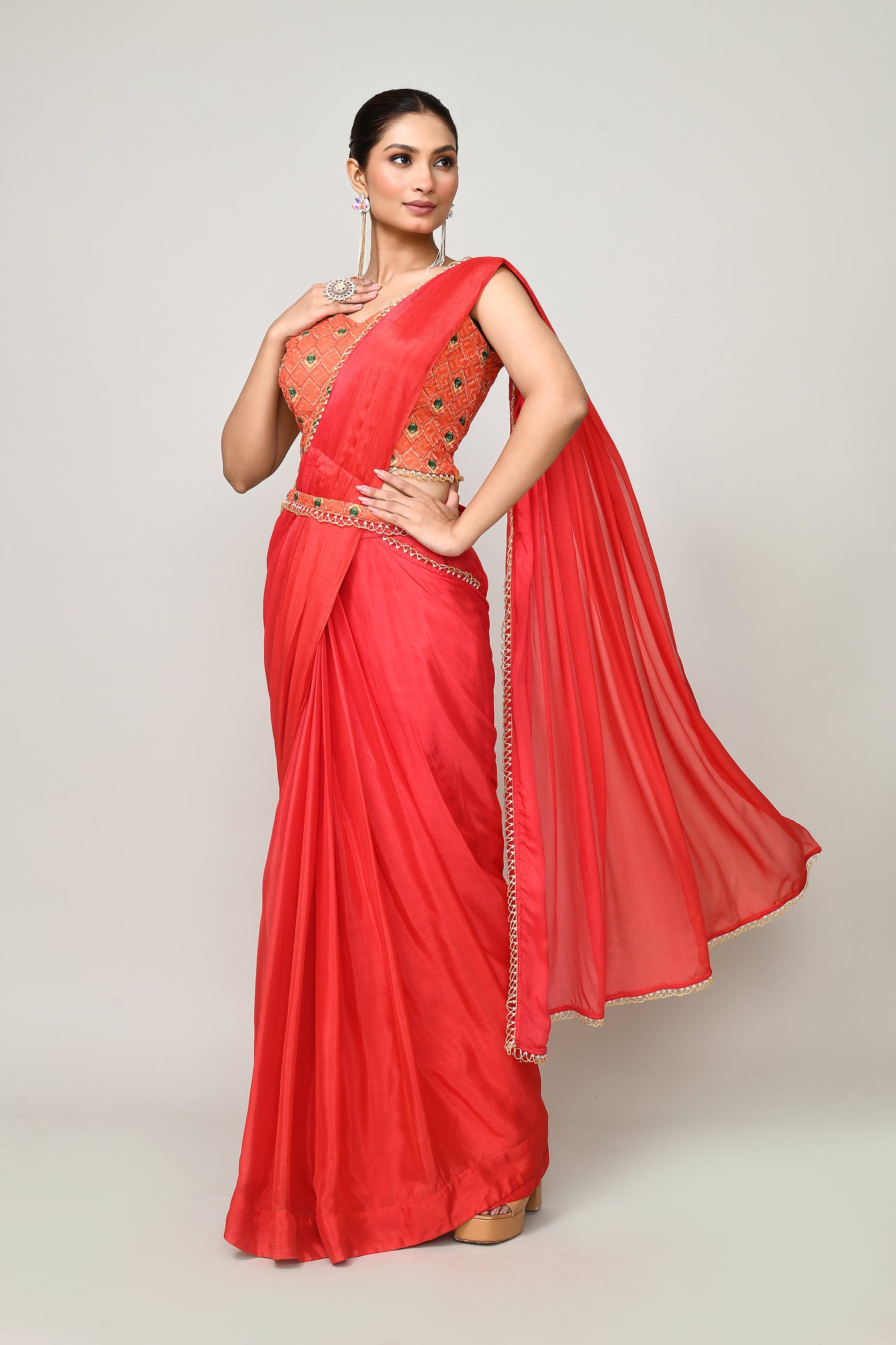 Designer Wear Red  Chinon Chiffon Drape Saree