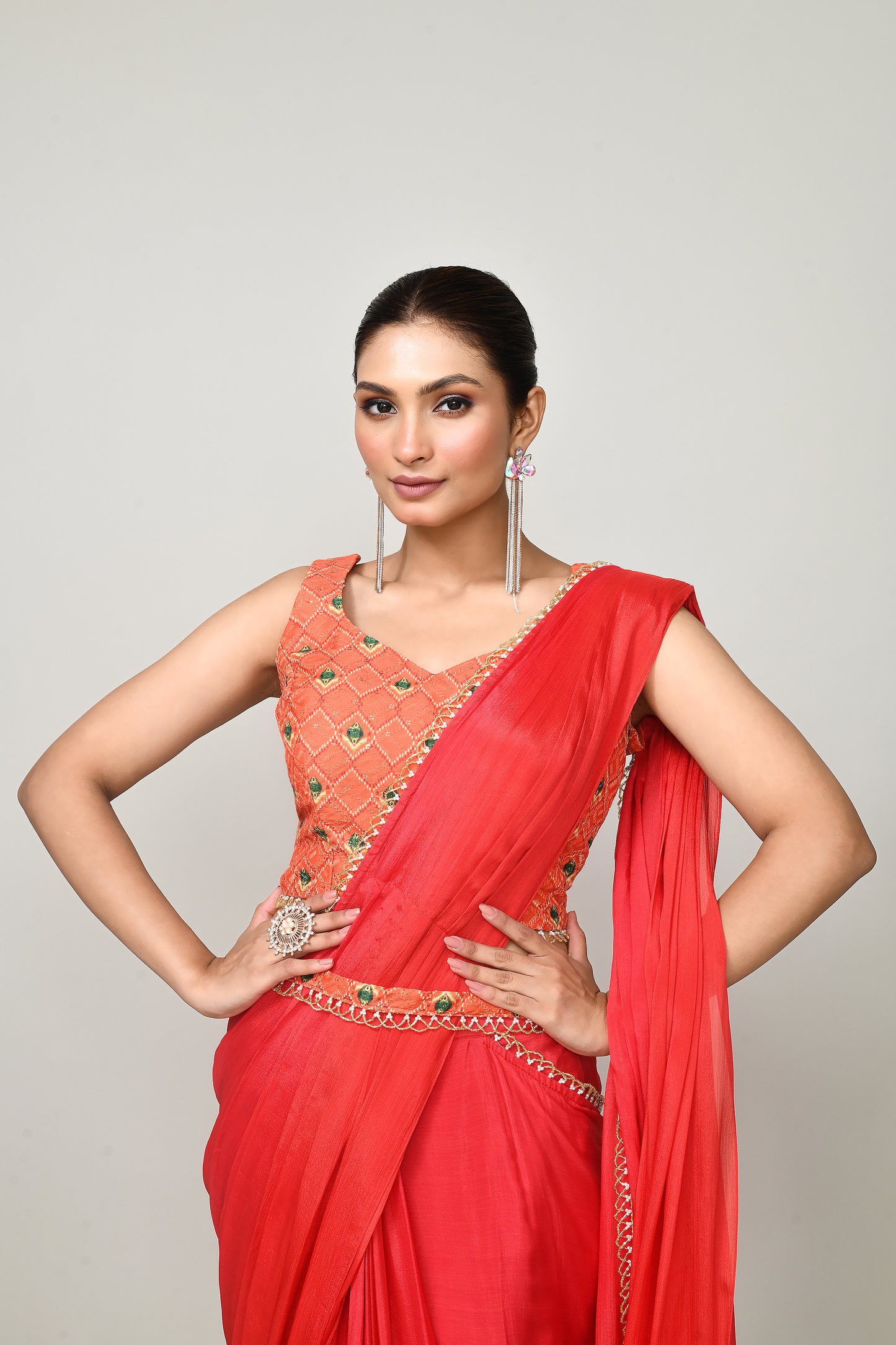 Designer Wear Red  Chinon Chiffon Drape Saree