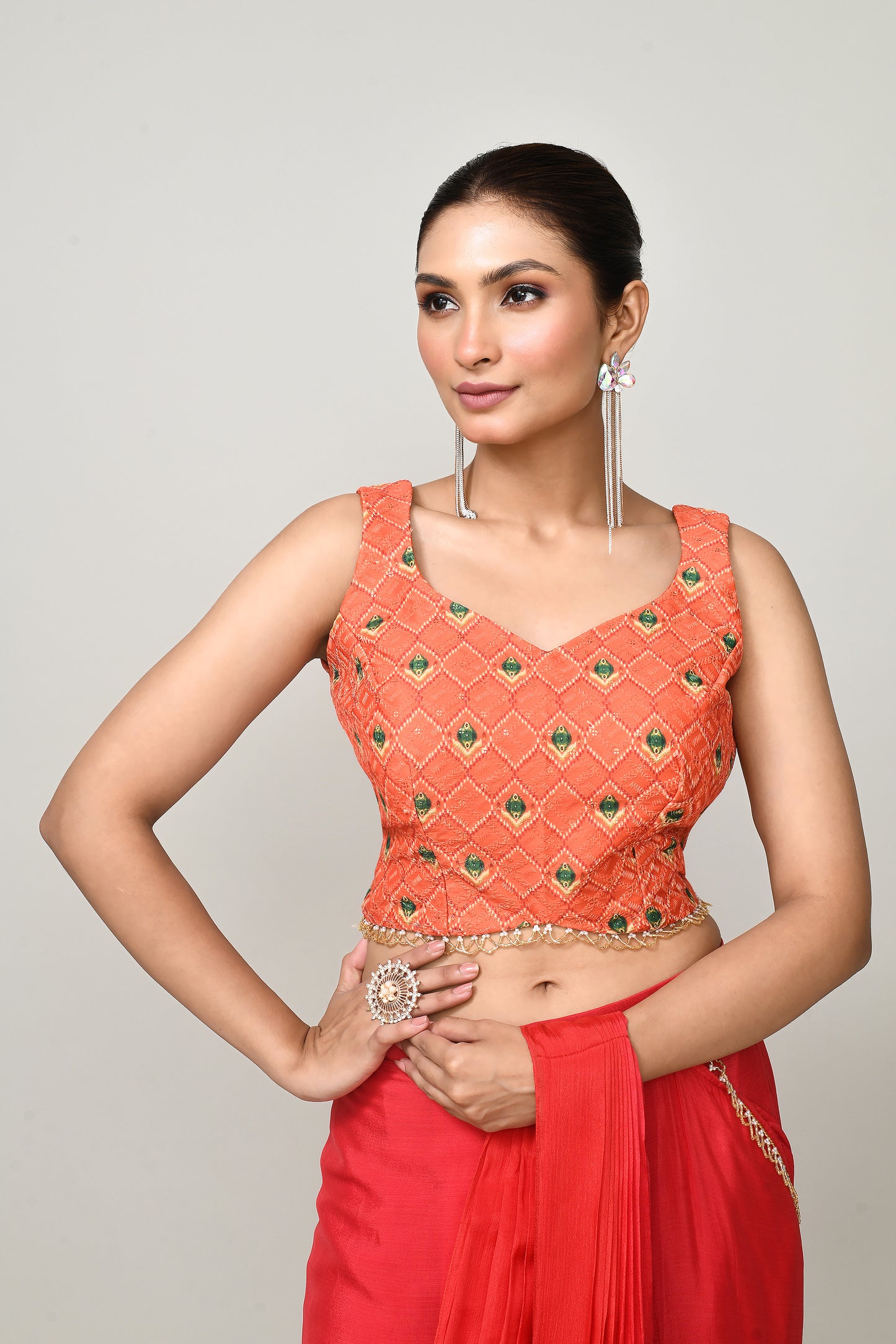 Designer Wear Red  Chinon Chiffon Drape Saree