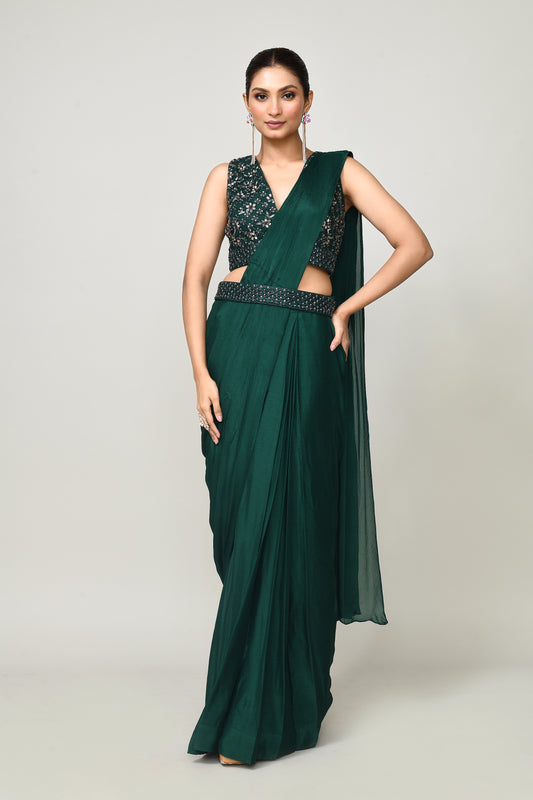 Designer Wear  Green  Chinon Chiffon Drape Saree