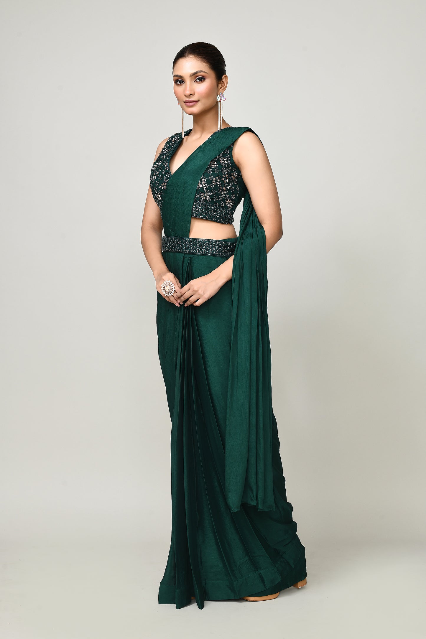 Designer Wear  Green  Chinon Chiffon Drape Saree