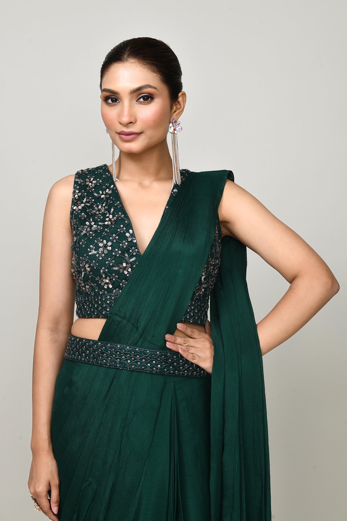 Designer Wear  Green  Chinon Chiffon Drape Saree