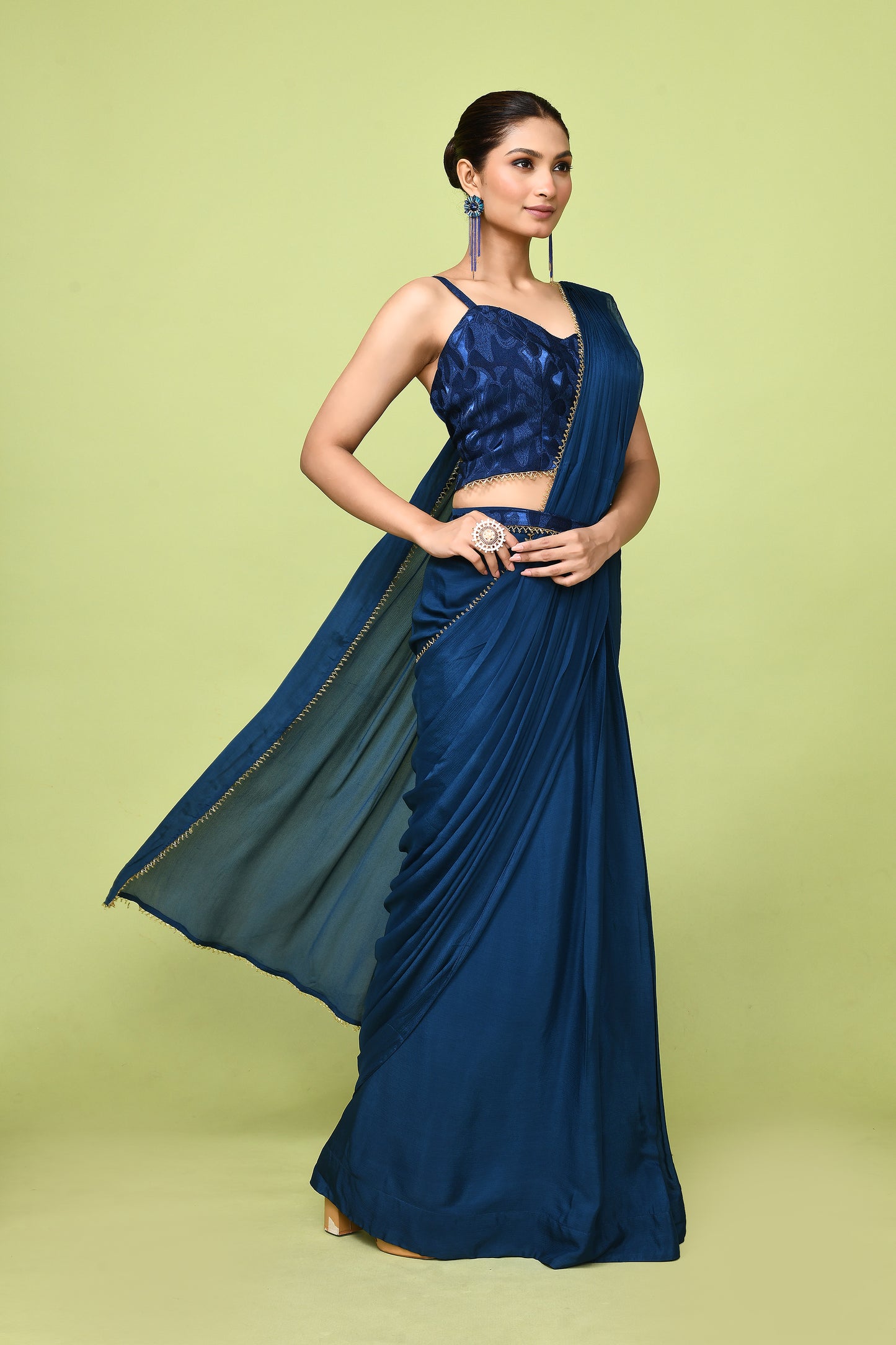 Designer Wear Blue  Chinon Chiffon Drape Saree