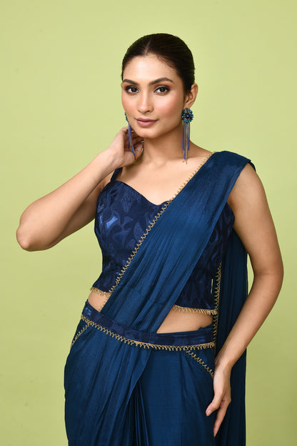 Designer Wear Blue  Chinon Chiffon Drape Saree