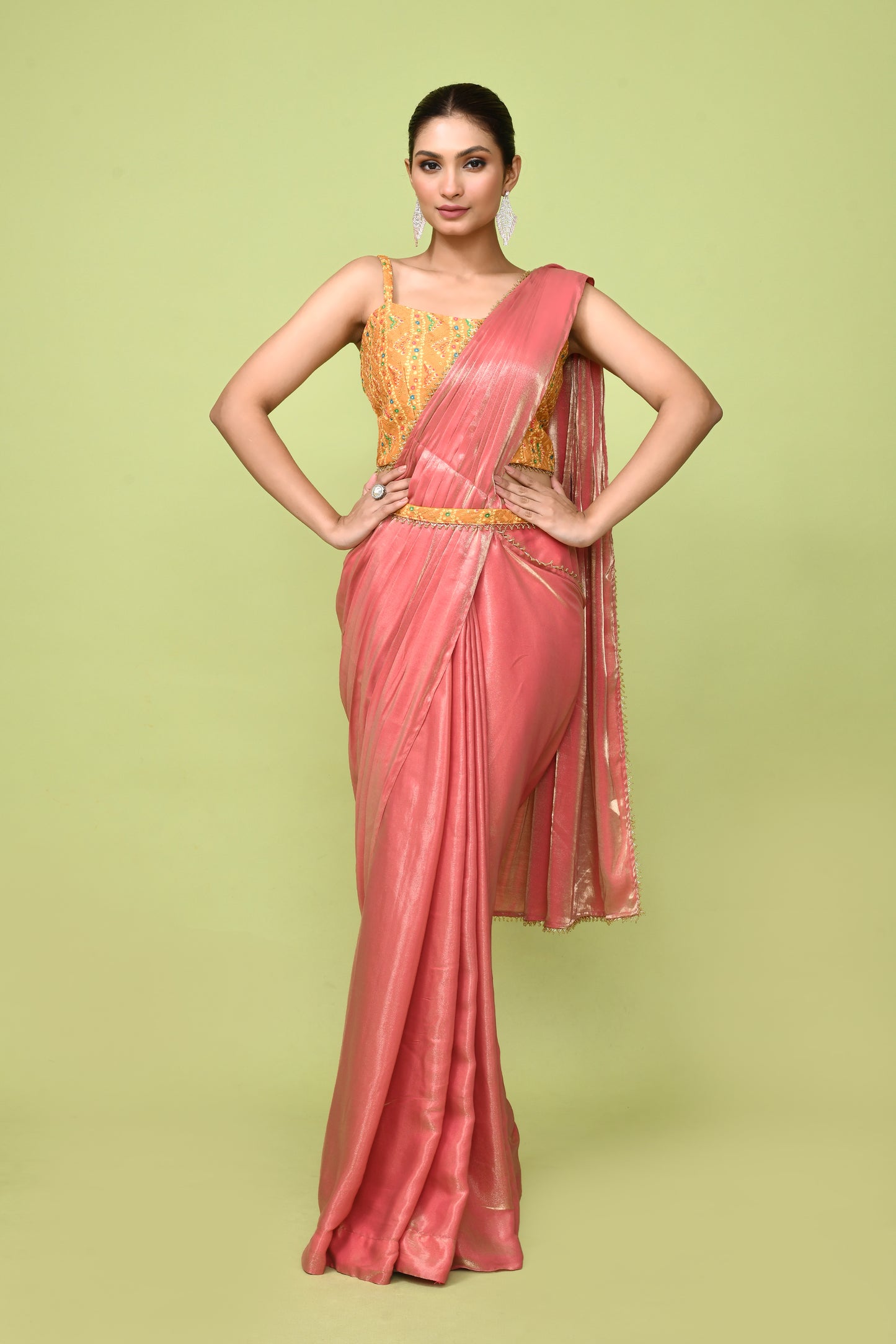 Designer Wear Peach Simmer Drape Saree