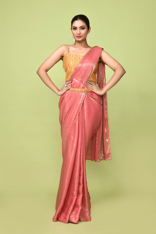 Designer Wear Peach Simmer Drape Saree