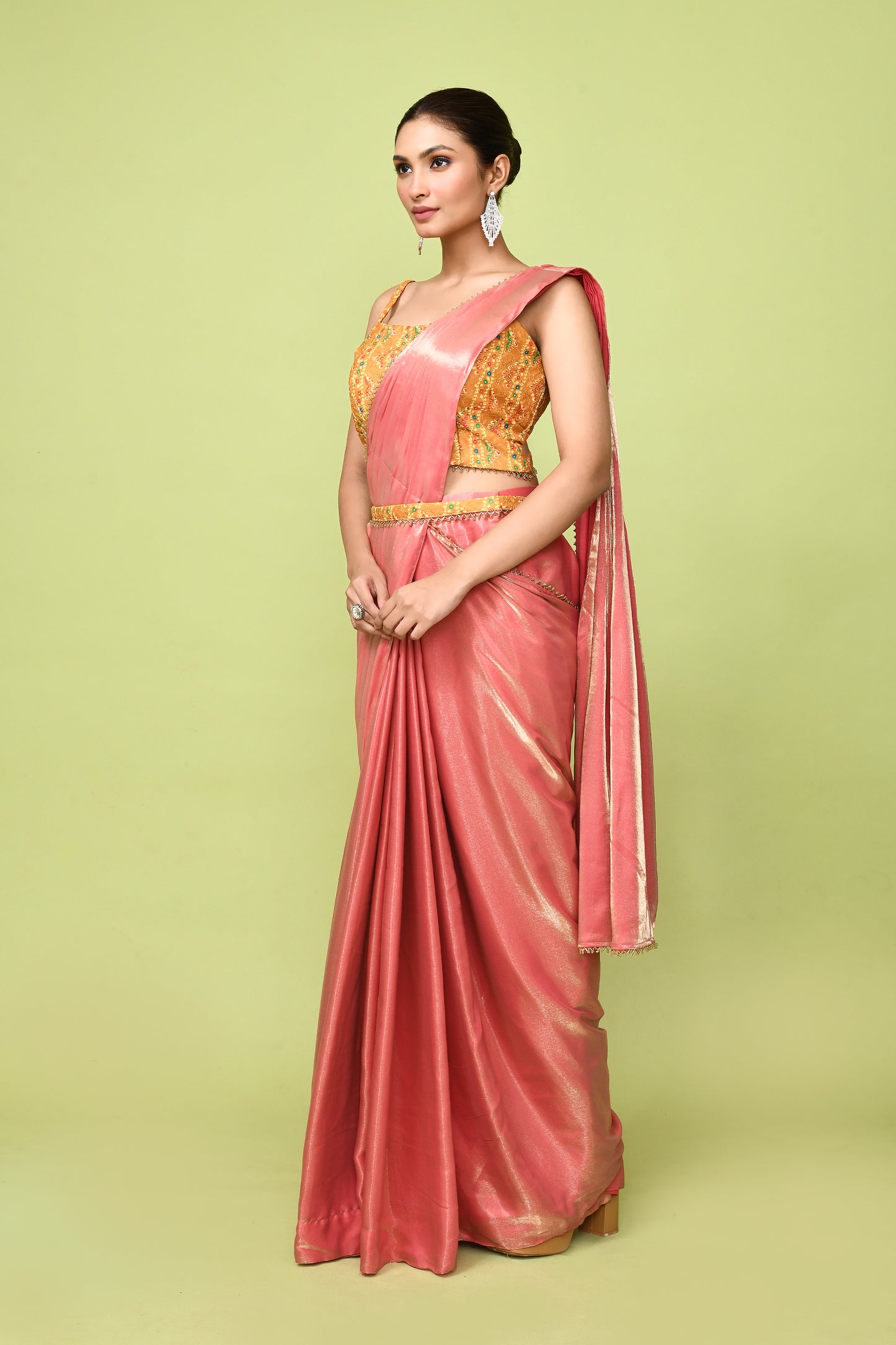 Designer Wear Peach Simmer Drape Saree