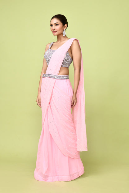Designer Wear Pink Chinon Chiffon Drape Saree