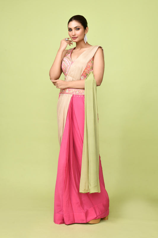 Designer Wear  Pink & Beige Chinon Chiffon Drape Saree