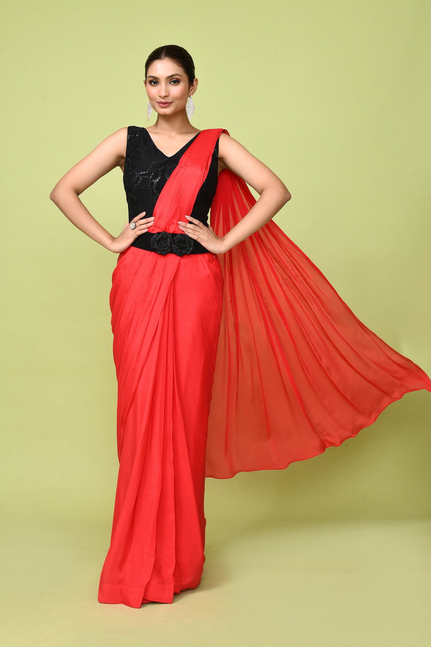 Designer Wear  Red Chinon Chiffon Drape Saree