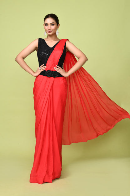 Designer Wear  Red Chinon Chiffon Drape Saree