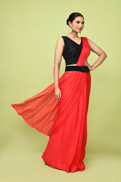 Designer Wear  Red Chinon Chiffon Drape Saree