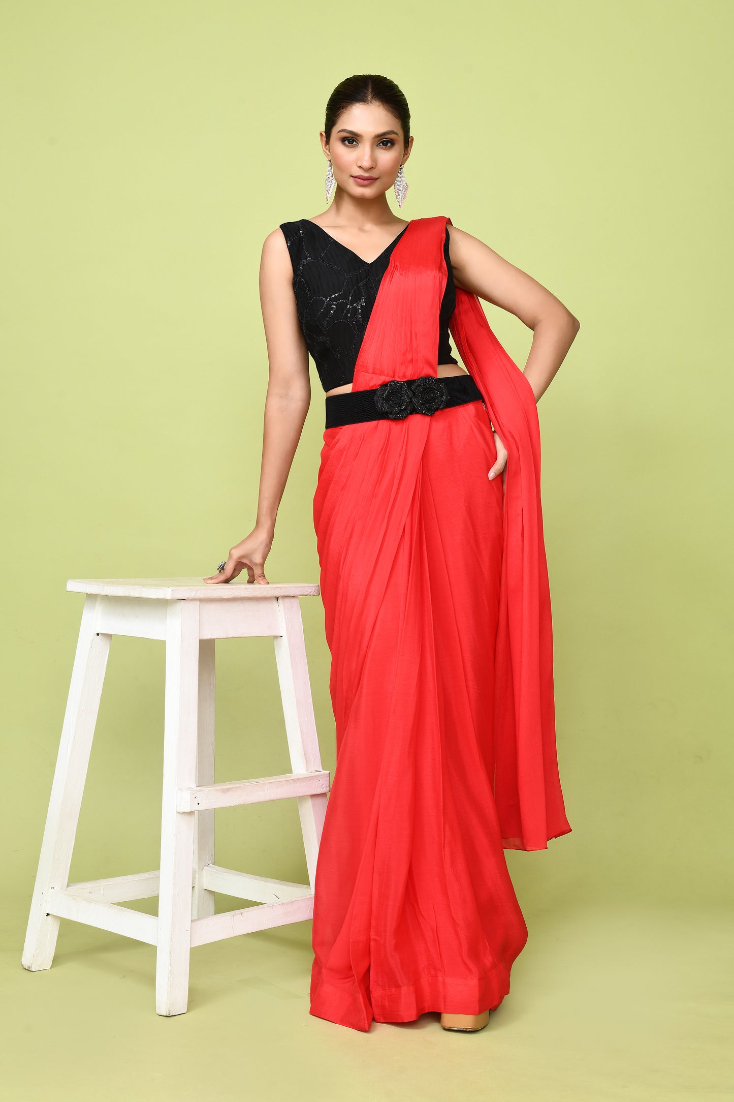 Designer Wear  Red Chinon Chiffon Drape Saree