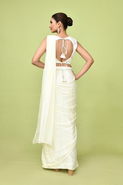 Designer Wear  Off White  Chinon Chiffon Drape Saree