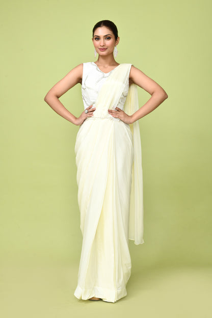 Designer Wear  Off White  Chinon Chiffon Drape Saree