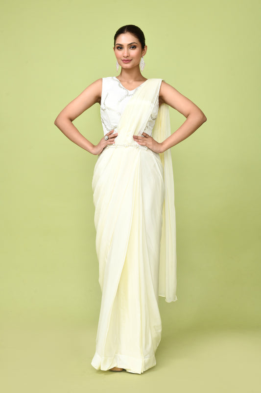 Designer Wear  Off White  Chinon Chiffon Drape Saree