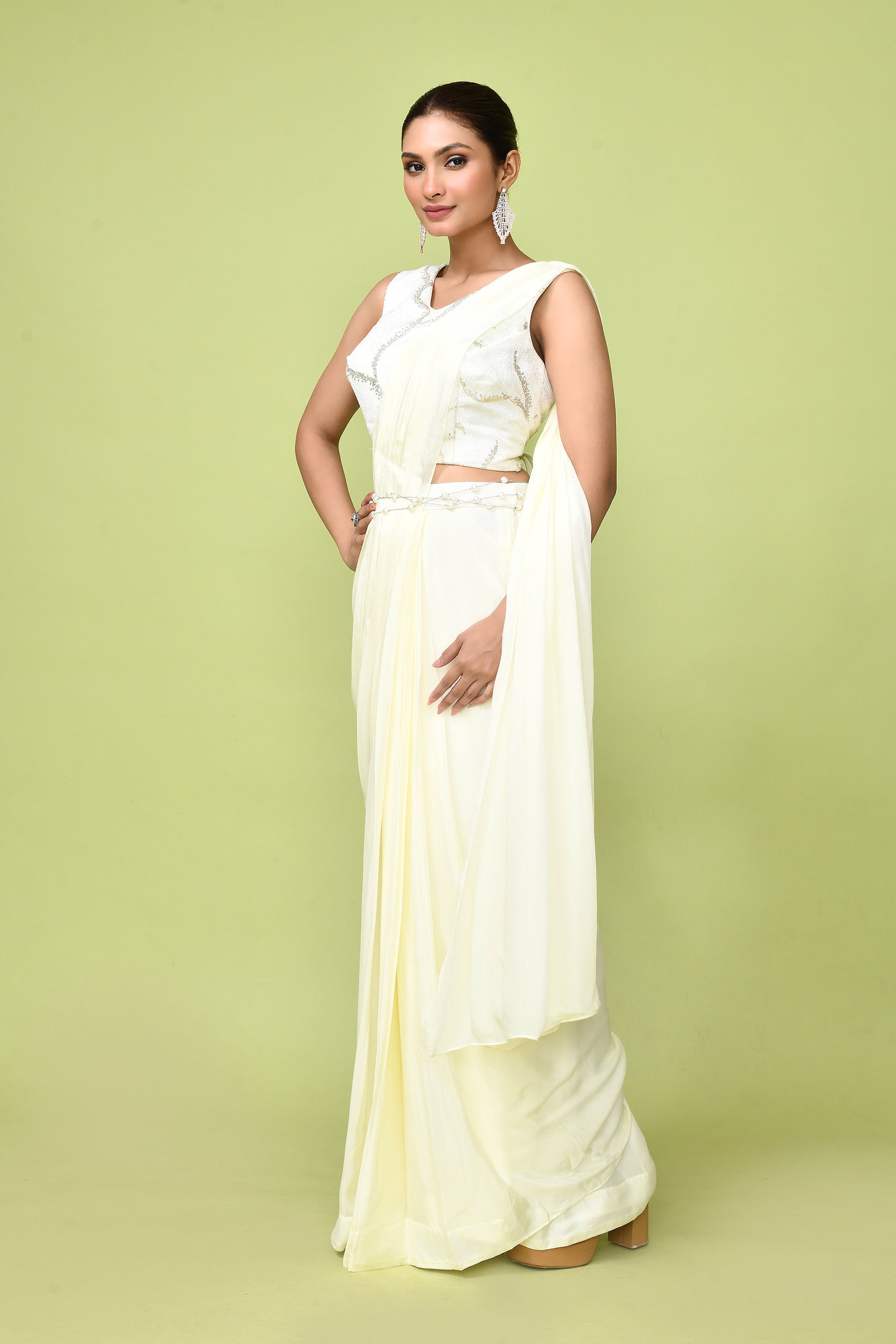 Designer Wear  Off White  Chinon Chiffon Drape Saree