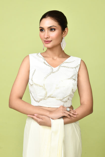 Designer Wear  Off White  Chinon Chiffon Drape Saree