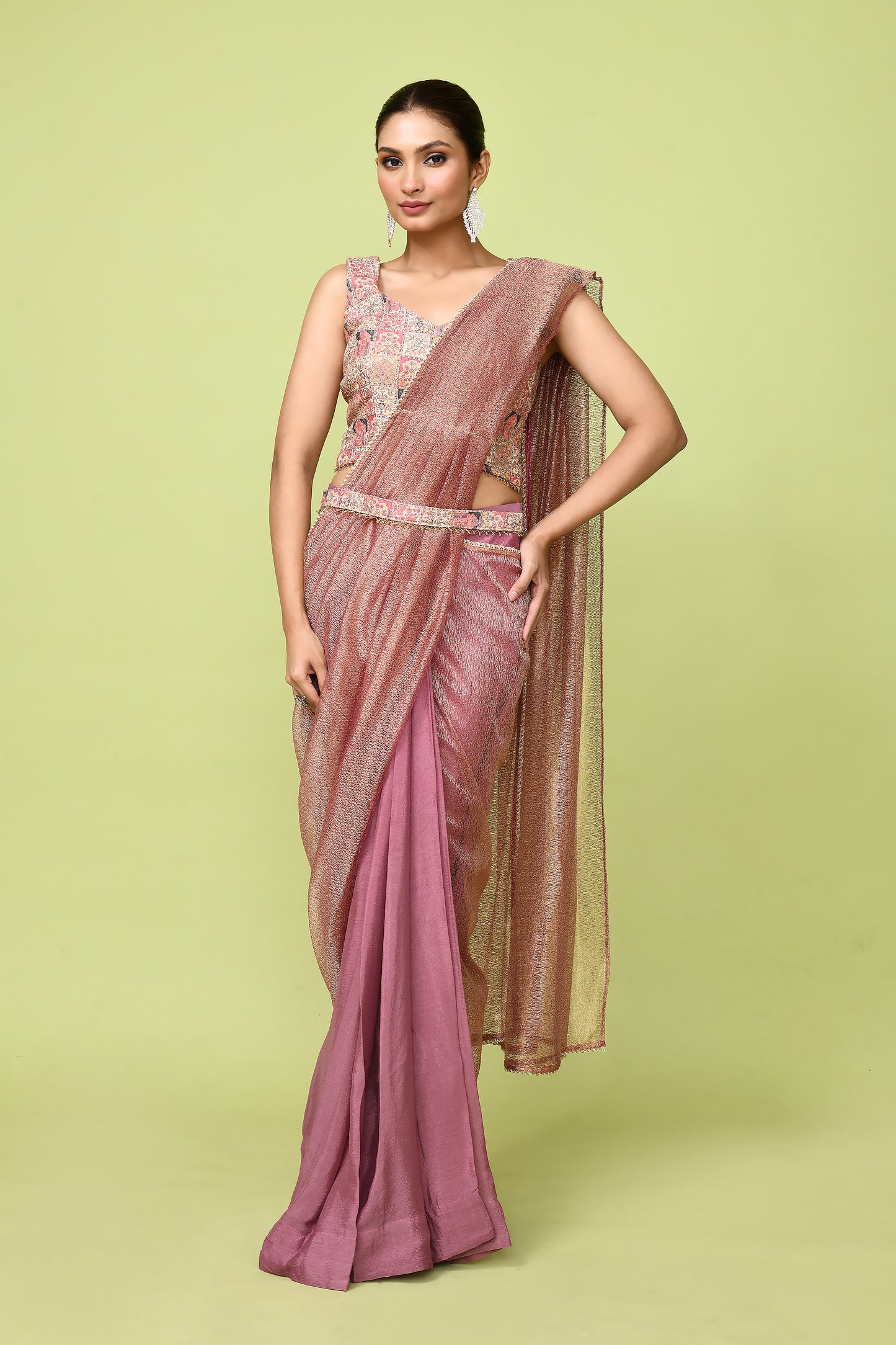 Designer Wear Brown  Chinon Chiffon & Tissue Drape Saree