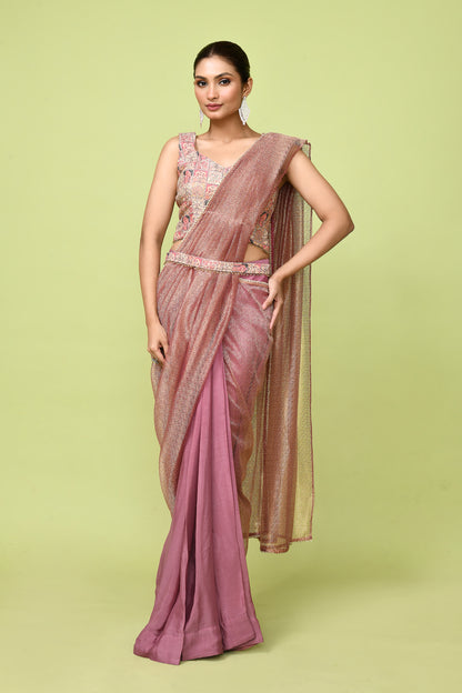 Designer Wear Brown  Chinon Chiffon & Tissue Drape Saree