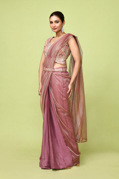 Designer Wear Brown  Chinon Chiffon & Tissue Drape Saree