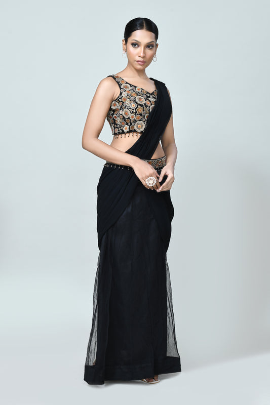Designer Wear Black Georgette Net Drape Saree