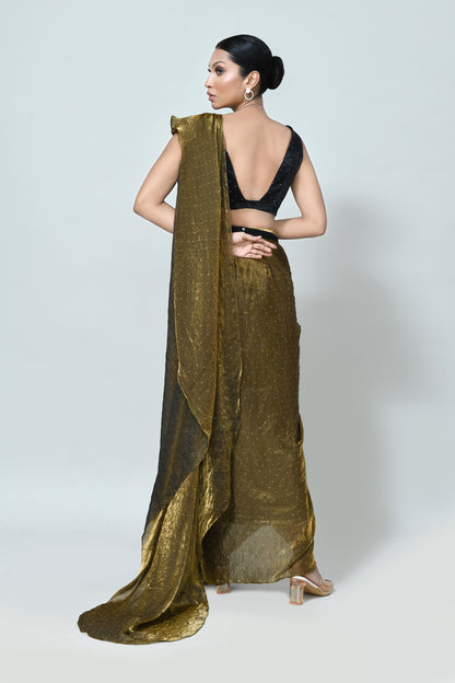 Designer Wear Golden Brown Diamond Silk Drape Saree