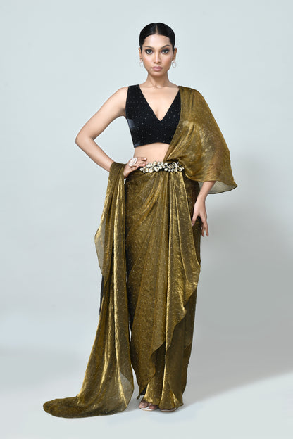 Designer Wear Golden Brown Diamond Silk Drape Saree