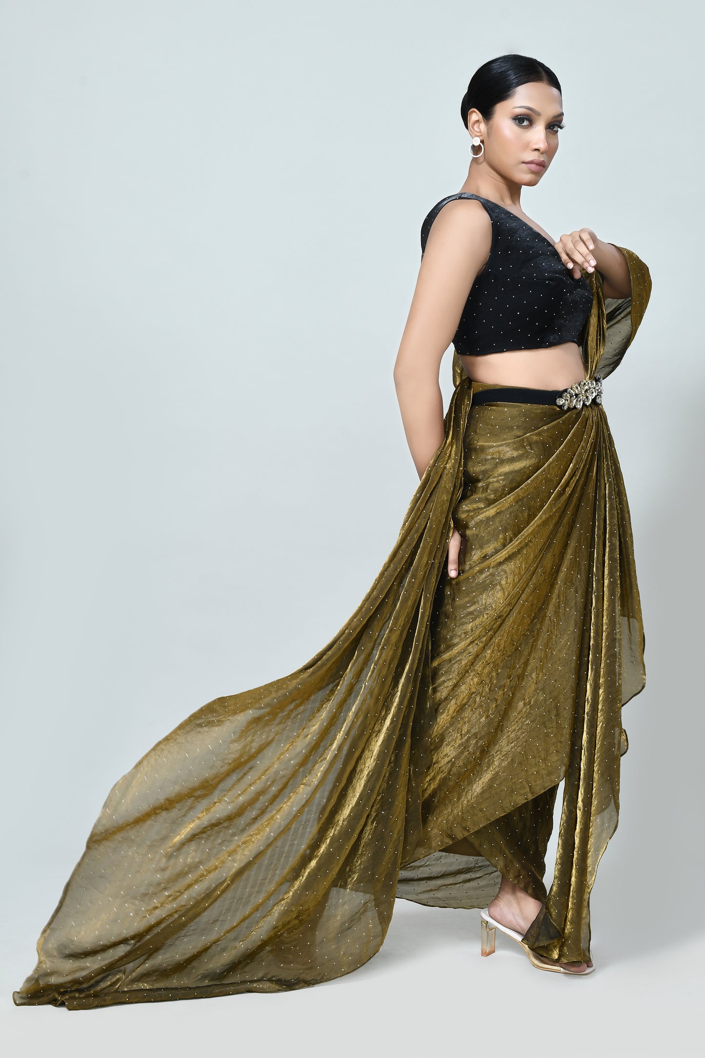 Designer Wear Golden Brown Diamond Silk Drape Saree