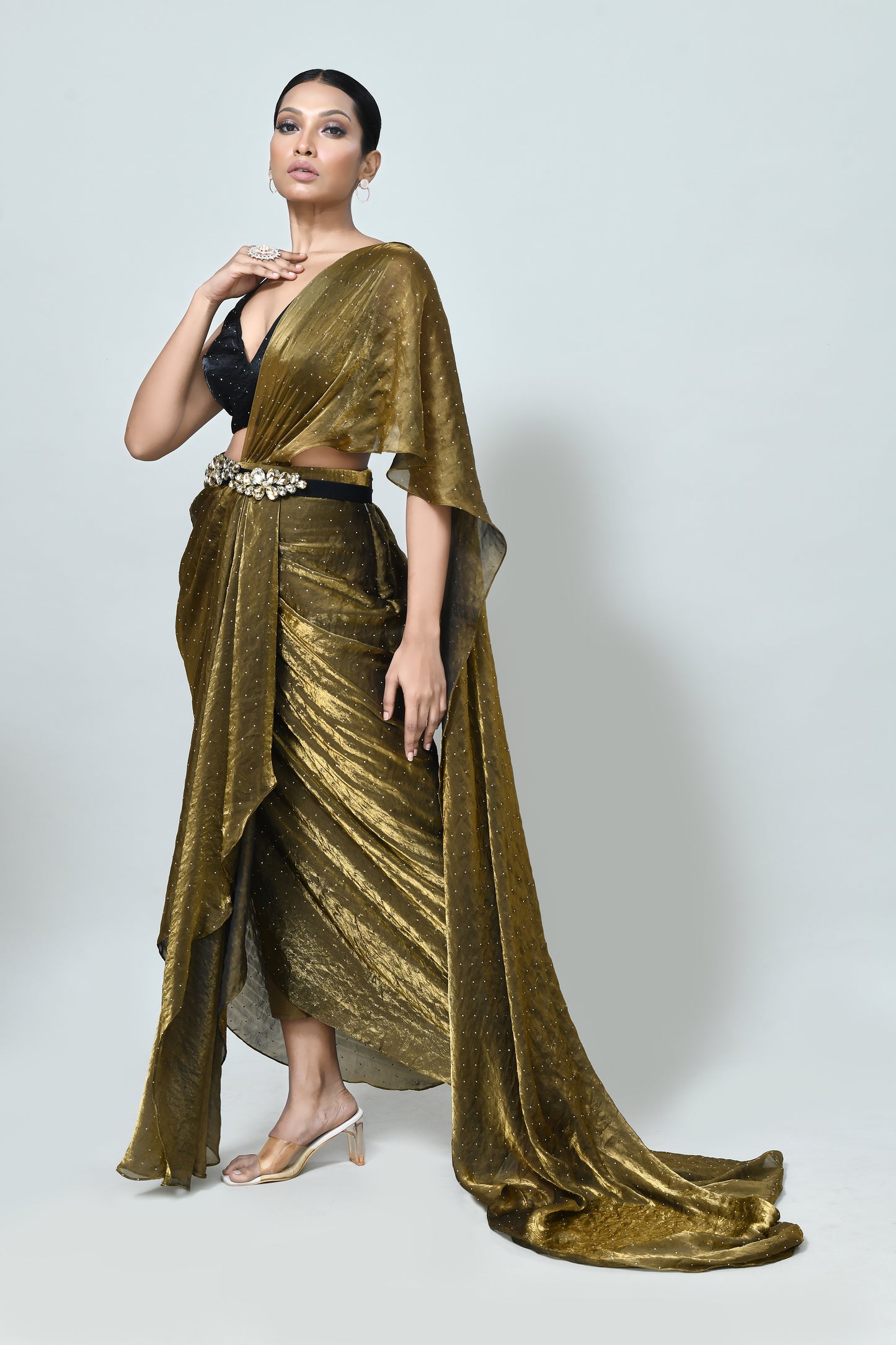 Designer Wear Golden Brown Diamond Silk Drape Saree