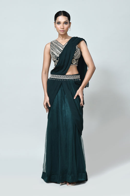 Designer Wear Green Georgette Net Drape Saree