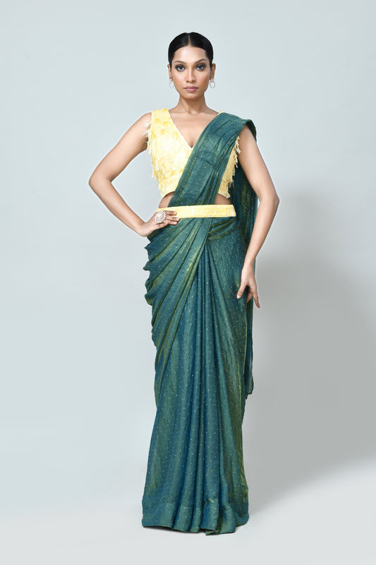 Designer Wear Metallic Green Diamond Silk Drape Saree