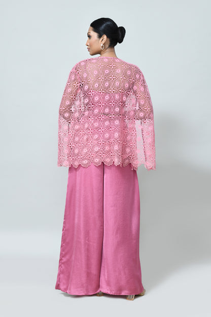 Designer Wear Rose Pink Centre Lace Jacket, Mini Silk Scoop Neck Crop Top and Plazo Set