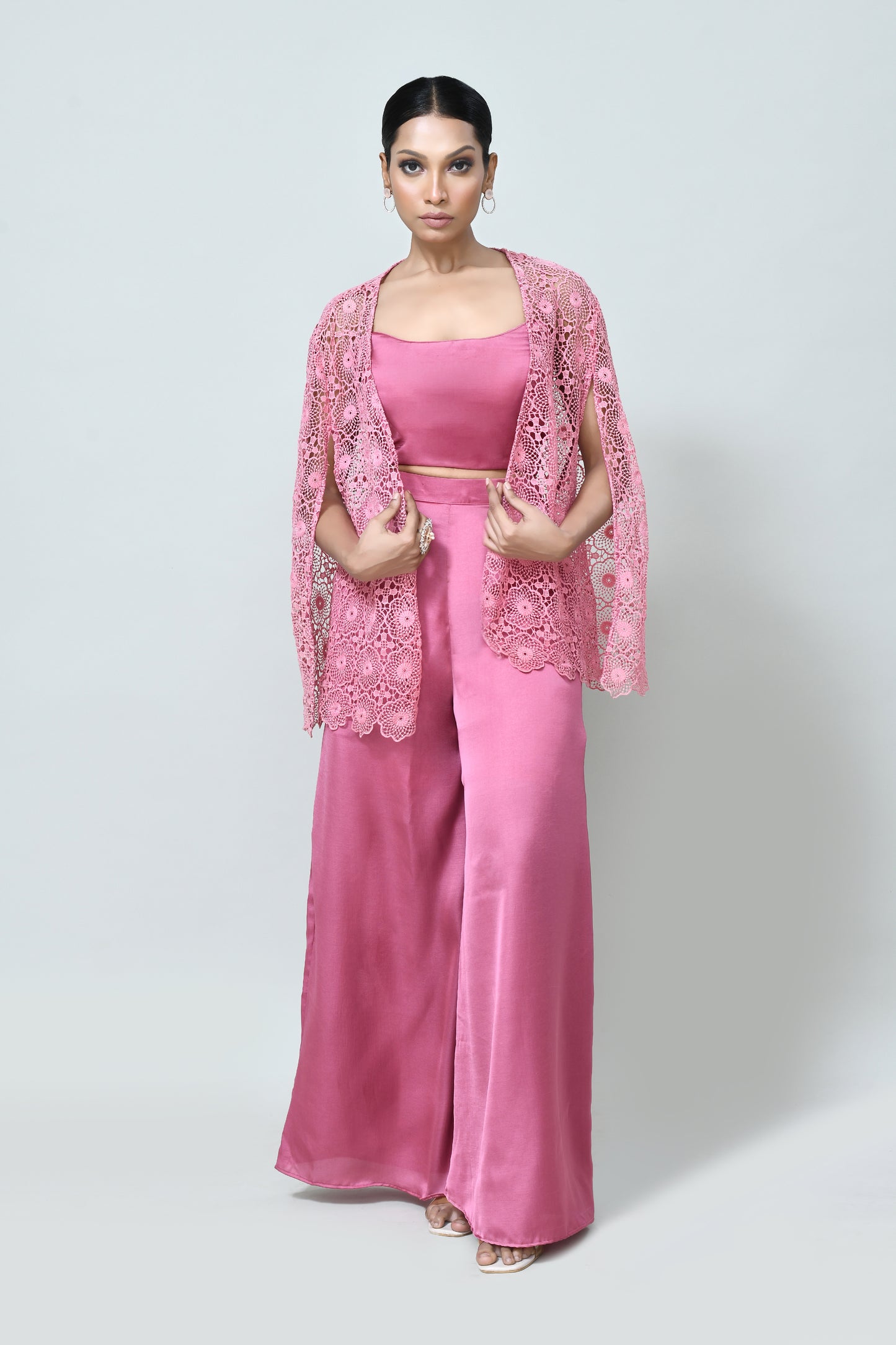 Designer Wear Rose Pink Centre Lace Jacket, Mini Silk Scoop Neck Crop Top and Plazo Set