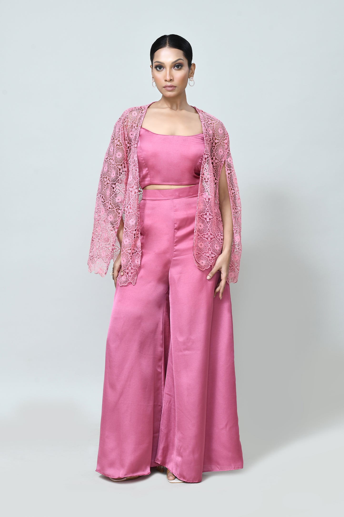 Designer Wear Rose Pink Centre Lace Jacket, Mini Silk Scoop Neck Crop Top and Plazo Set