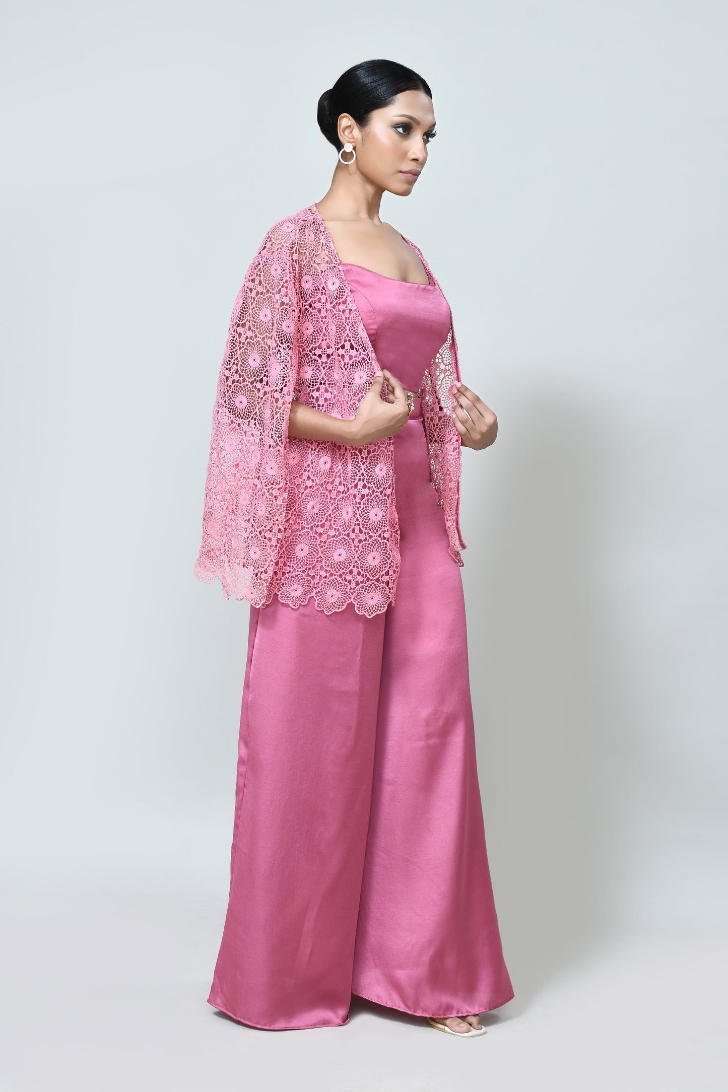 Designer Wear Rose Pink Centre Lace Jacket, Mini Silk Scoop Neck Crop Top and Plazo Set