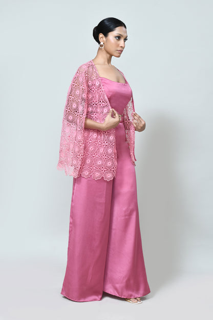 Designer Wear Rose Pink Centre Lace Jacket, Mini Silk Scoop Neck Crop Top and Plazo Set
