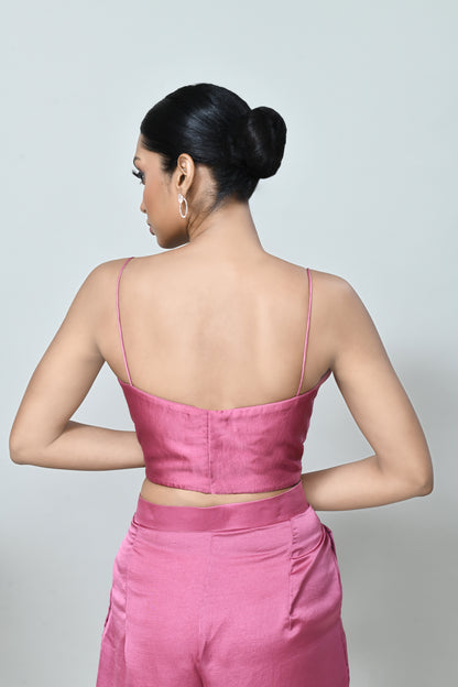 Designer Wear Rose Pink Centre Lace Jacket, Mini Silk Scoop Neck Crop Top and Plazo Set
