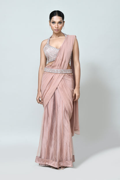 Designer Wear Powder Pink Net Georgette Drape Saree