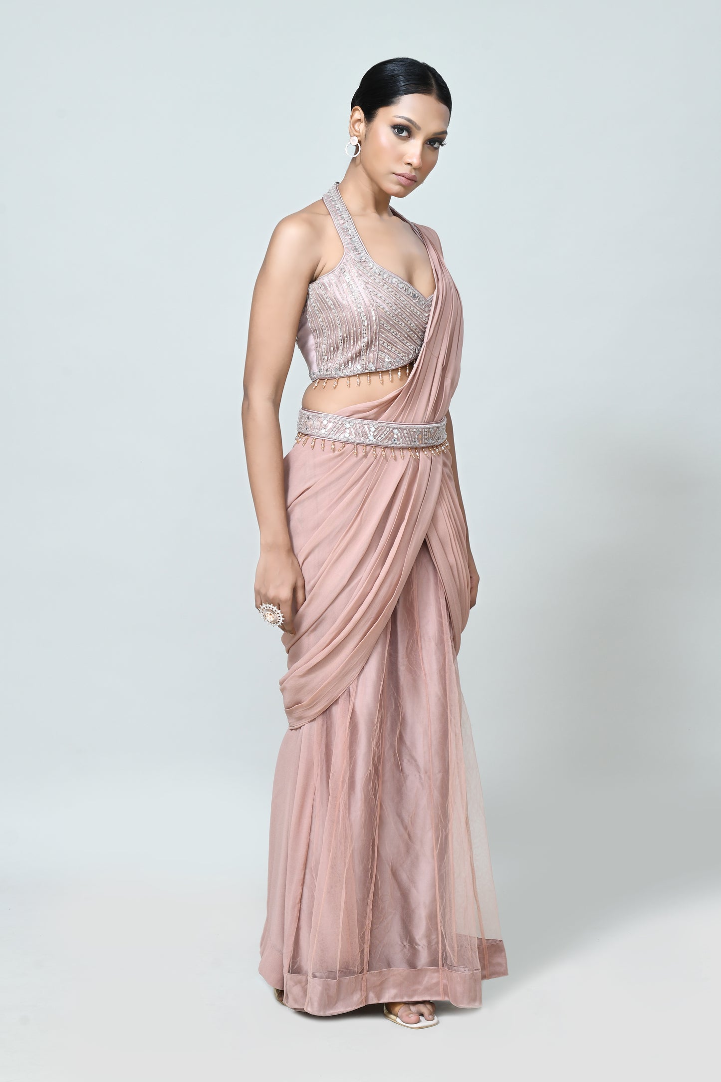 Designer Wear Powder Pink Net Georgette Drape Saree