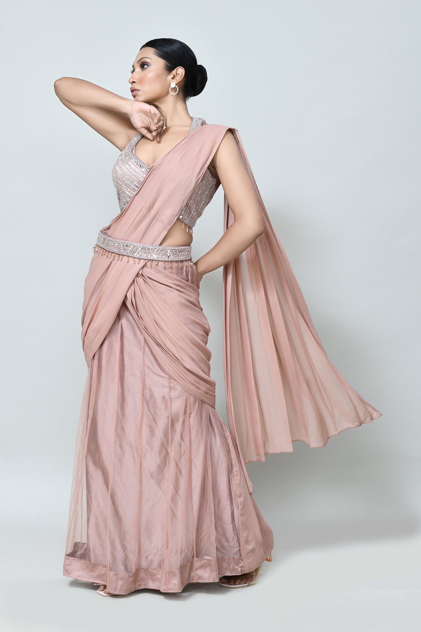 Designer Wear Powder Pink Net Georgette Drape Saree