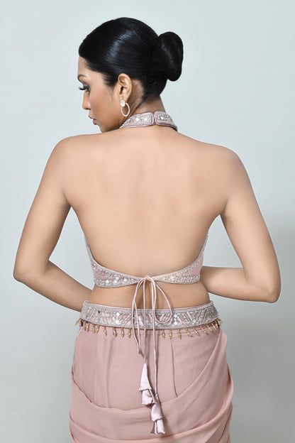 Designer Wear Powder Pink Net Georgette Drape Saree