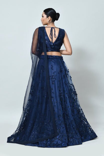 Designer Wear Navy Blue Net Lehenga
