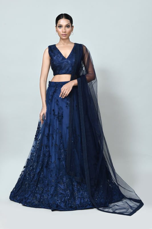 Designer Wear Navy Blue Net Lehenga