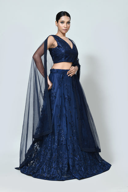 Designer Wear Navy Blue Net Lehenga