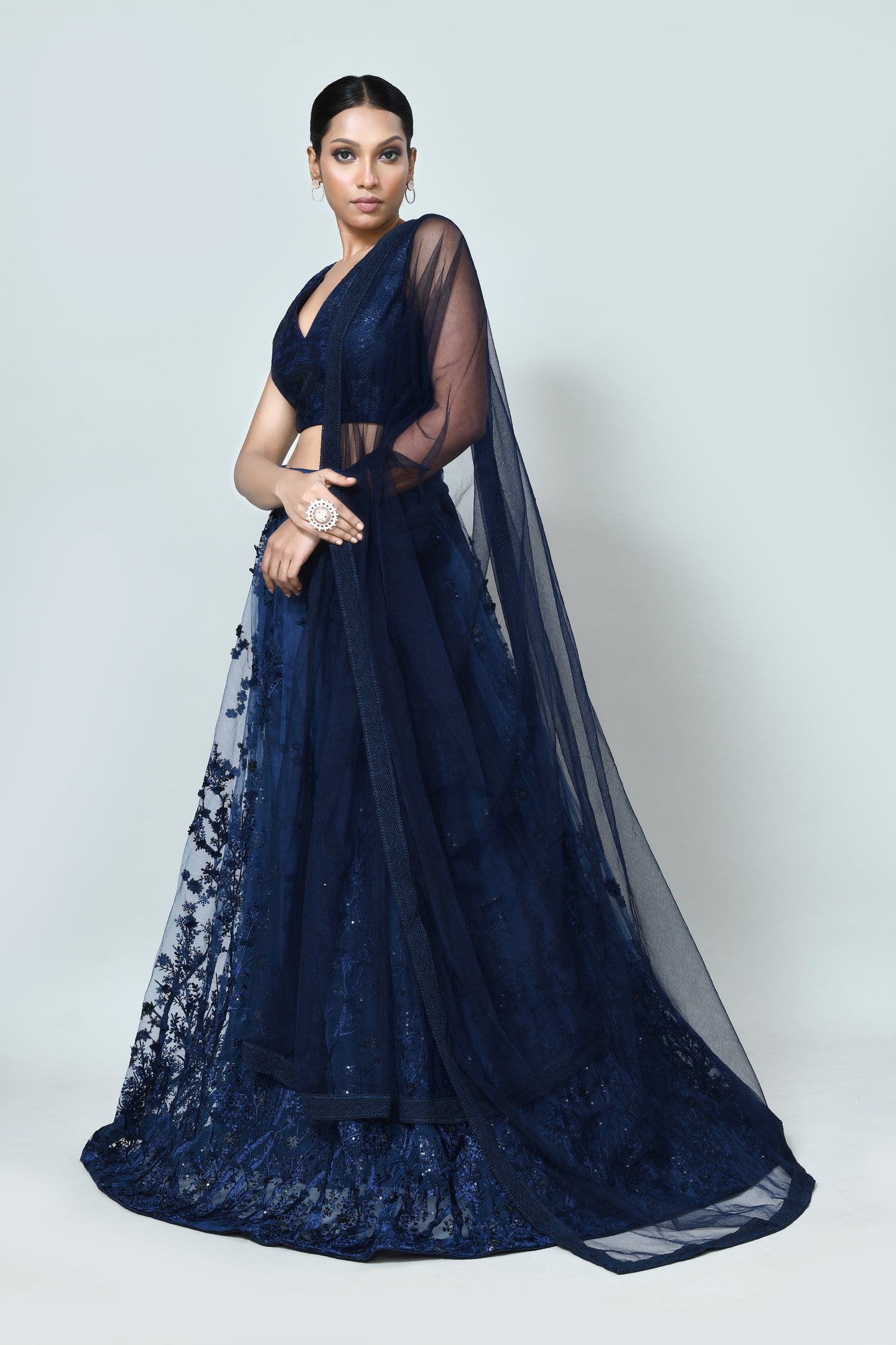 Designer Wear Navy Blue Net Lehenga