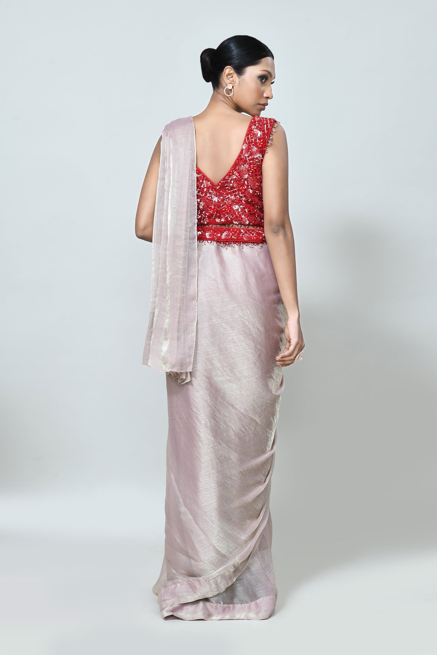 Designer Wear Light Pink Shimmer Chiffon Drape Saree